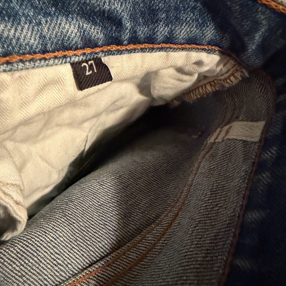 7 For All Mankind Blue Denim Straight Leg Jeans with Cream Floral Embroidery - Picture 5 of 6
